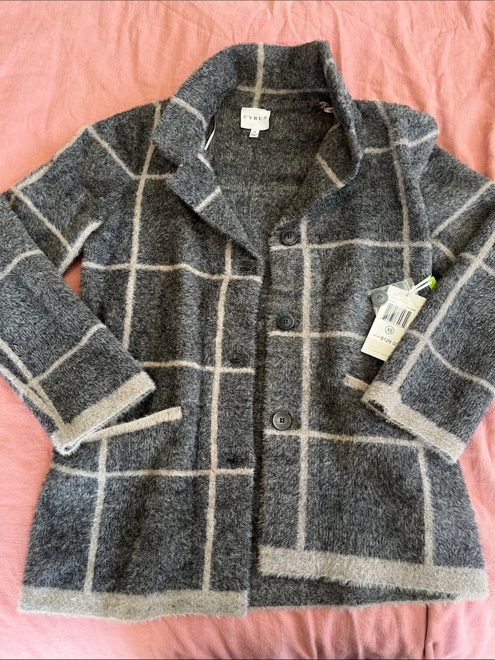 Cyrus Gray & Cream Windowpane Wool-Blend Pea Coat